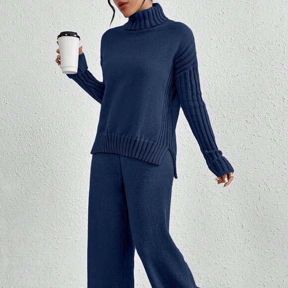Royal Blue Casual Women's High Neck Drop Shoulder Sweater And Pants - Picture 5 of 5